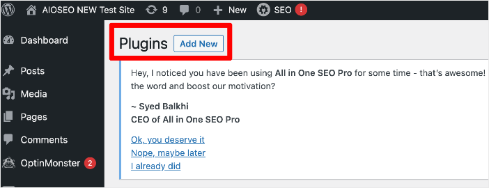 Adding a paid plugin in WordPress — Click plugins, then add new.