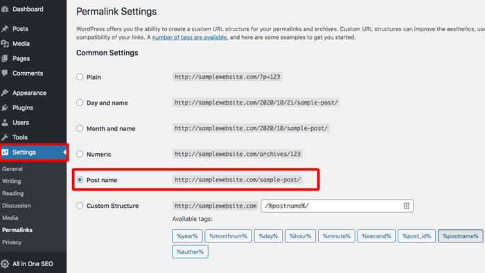 Setting your permalink in WordPress to post name