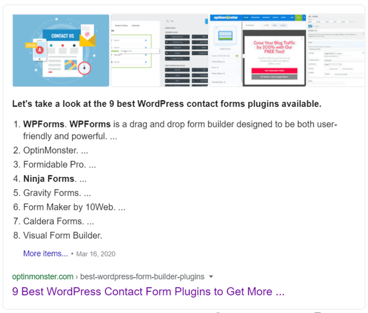 WP Forms featured snippet in the Google rankings