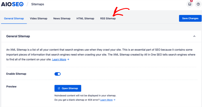 RSS sitemap in All in One SEO
